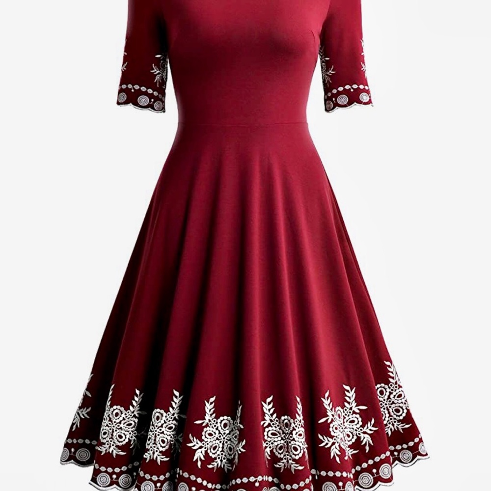 Scoop Neck Retro Swing Dress with Wintery Embroidery